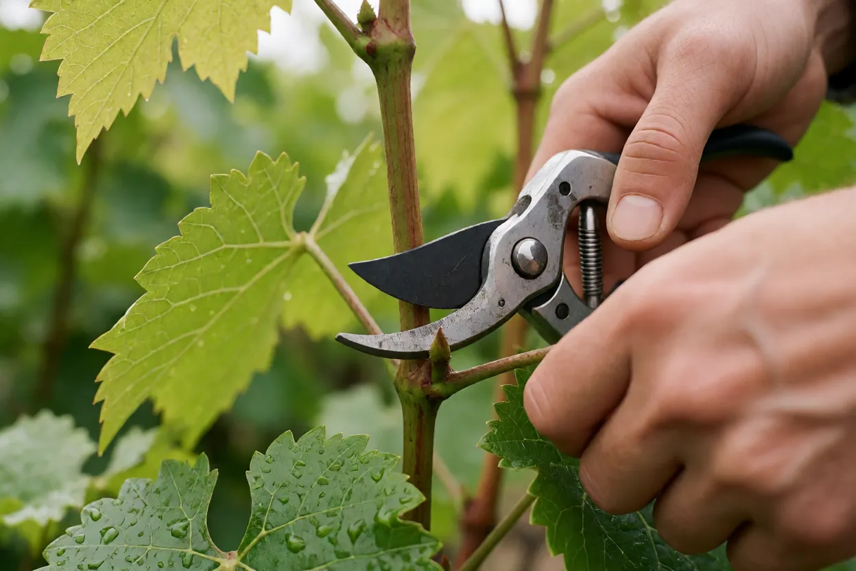 M&atilde;os com tesoura de poda cortando uma vara de videira acima de uma gema
