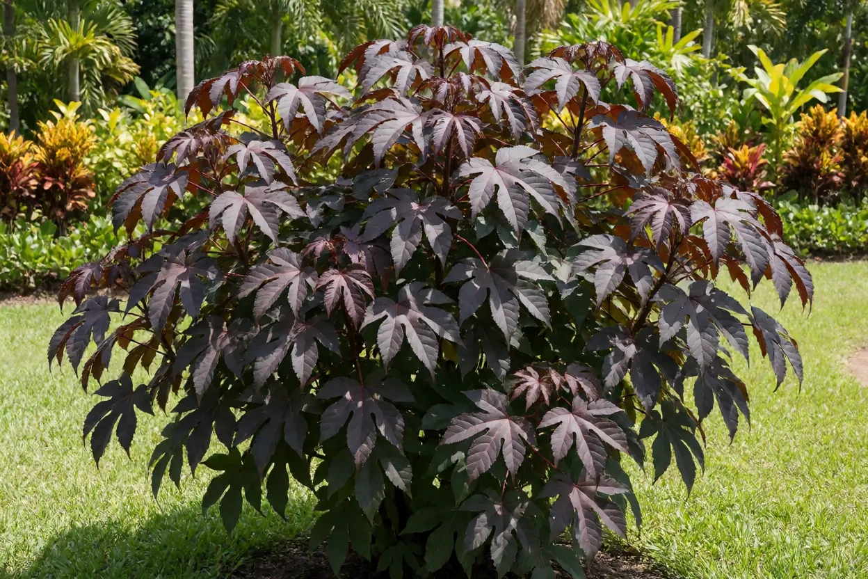 Vinagreira-roxa adulta com folhagem bordô em jardim de sol pleno