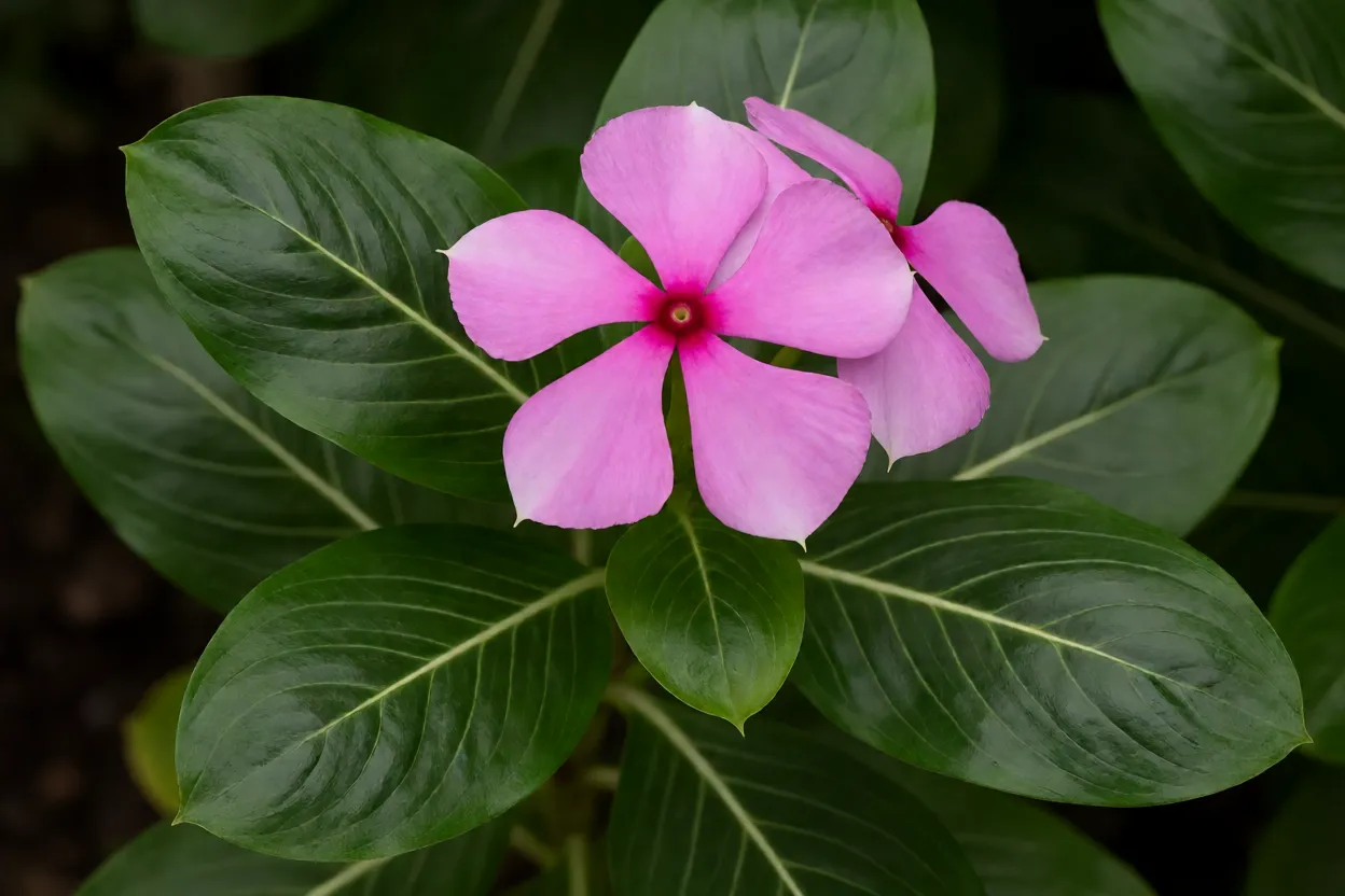 Vinca: cores das flores, floração, resistência ao calor e como cultivar Folhas e flores da vinca Catharanthus roseus detalhe botânico