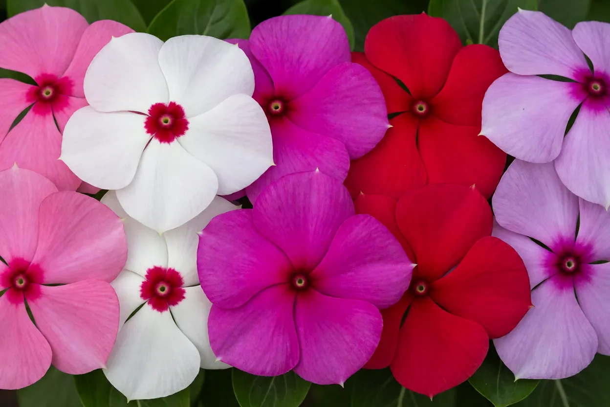 Vinca: cores das flores, floração, resistência ao calor e como cultivar Variedade de cores de flores de vinca rosa branco vermelho e lilás