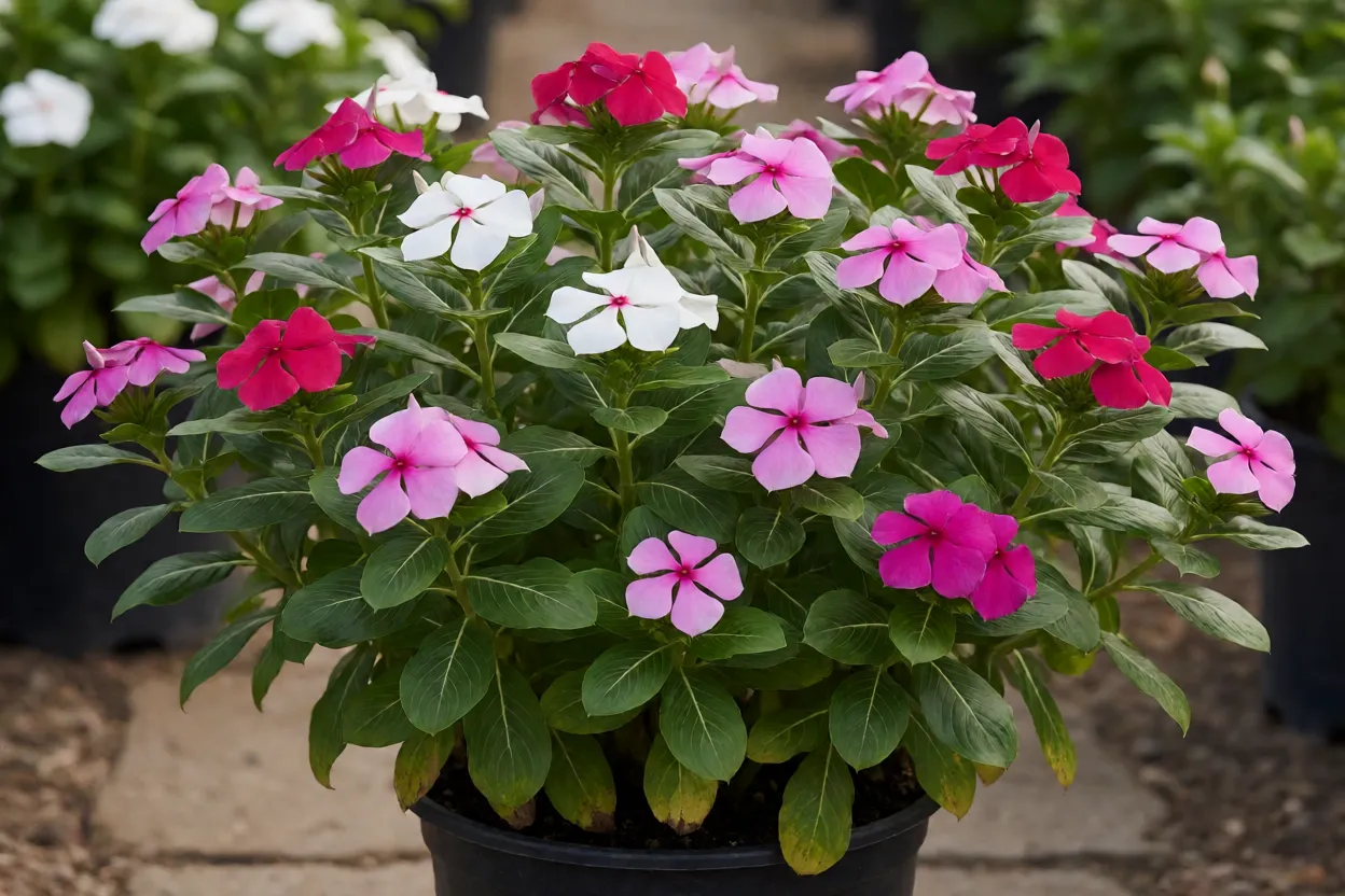 Vinca: cores das flores, floração, resistência ao calor e como cultivar Adubação equilibrada em planta de vinca