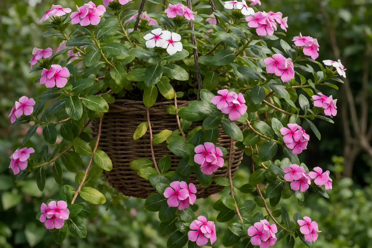 Vinca-pendente florida em vaso suspenso com cascata de flores rosas e brancas