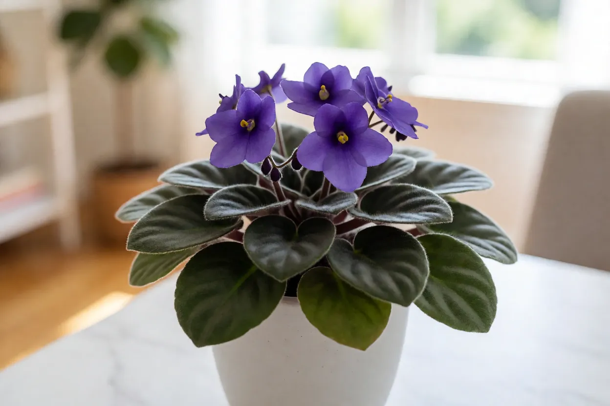 Violeta-africana adulta em vaso branco com flores roxas e folhas aveludadas