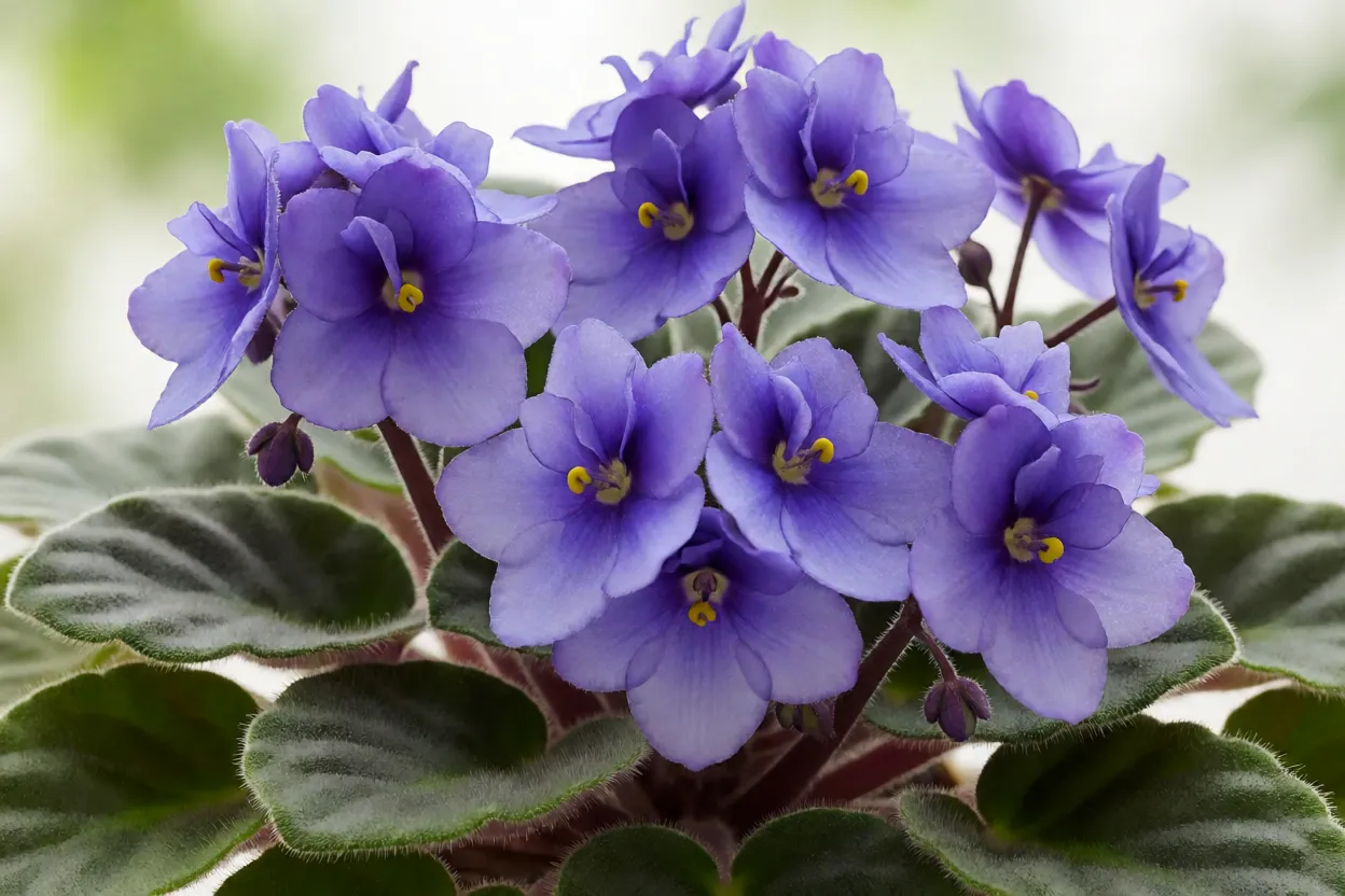 Violeta-africana em plena flora&ccedil;&atilde;o com v&aacute;rios cachos