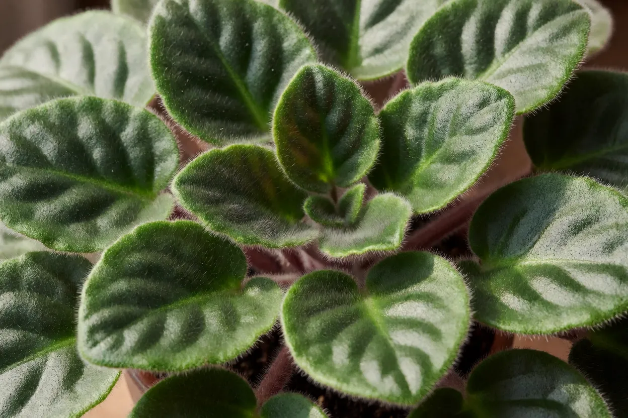 Detalhe das folhas aveludadas da violeta-africana