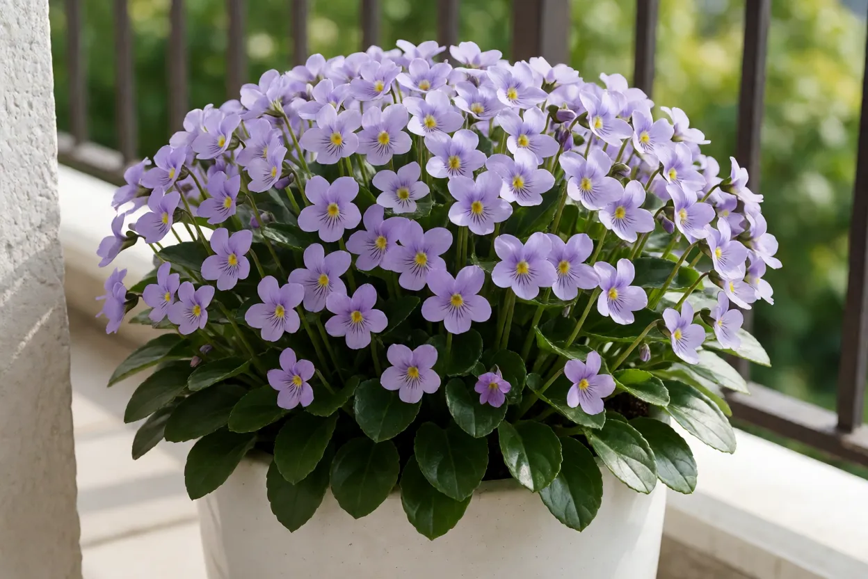Violeta-persa (Exacum affine) florida em vaso branco na varanda