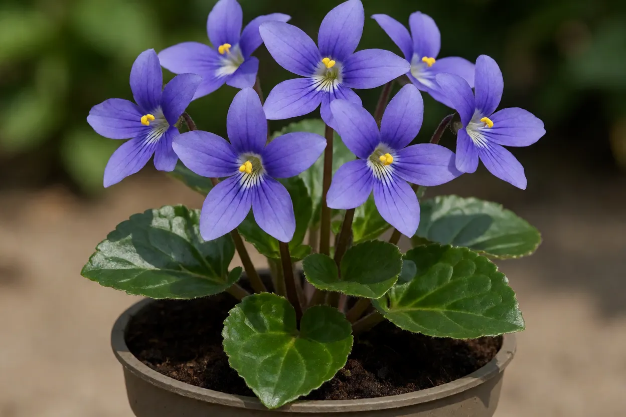 Violeta-persa em vaso com flores azul-violeta e centro amarelo
