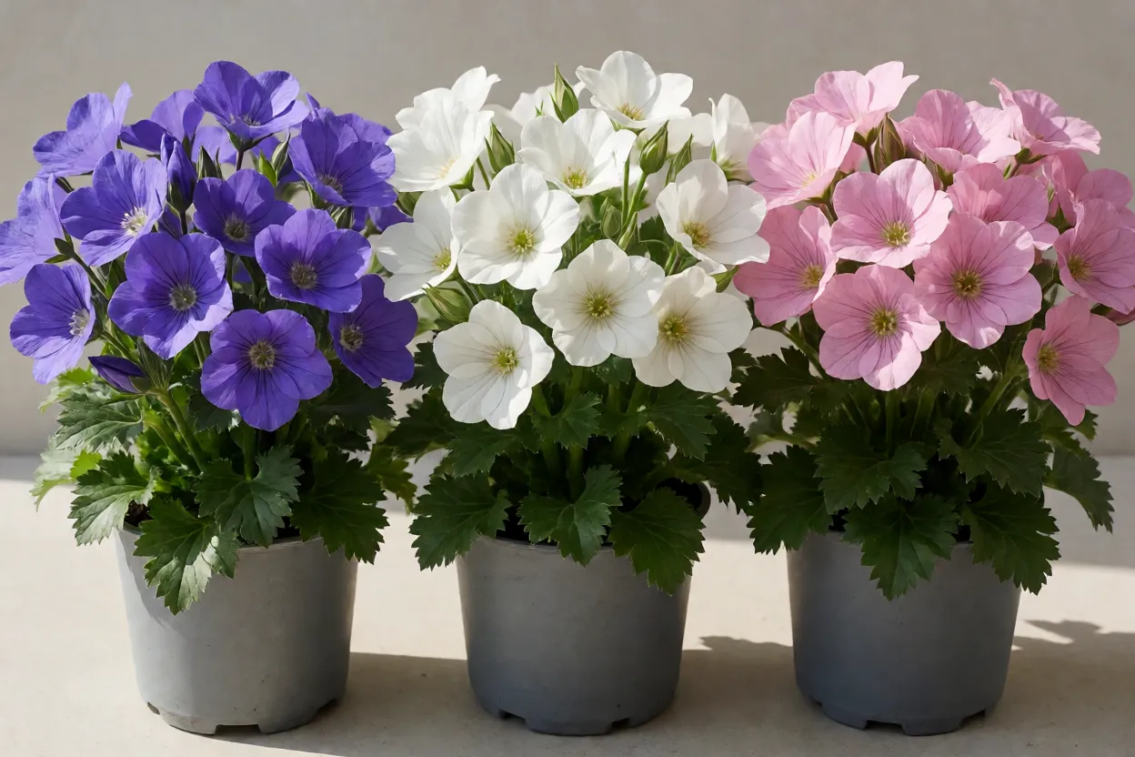 Violetas-persas nas cores azul-violeta, branca e rosada lado a lado