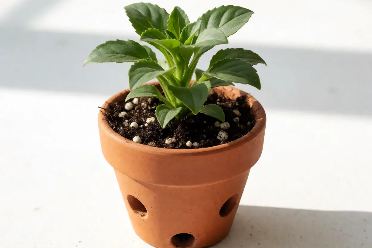 Violeta-persa rec&eacute;m-plantada em vaso com substrato drenante