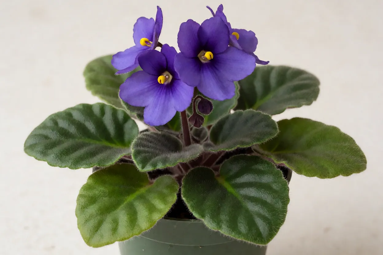Violeta: tipos, cores, características e como cuidar das violetas floridas Violeta-africana em vaso com roseta de folhas aveludadas e flores roxas abertas