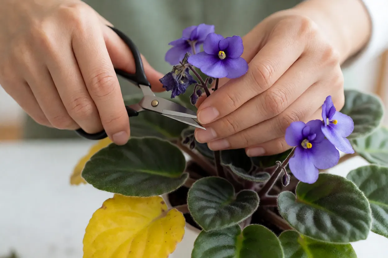 Violeta: tipos, cores, características e como cuidar das violetas floridas Retirando flores murchas de violeta-africana com tesoura pequena