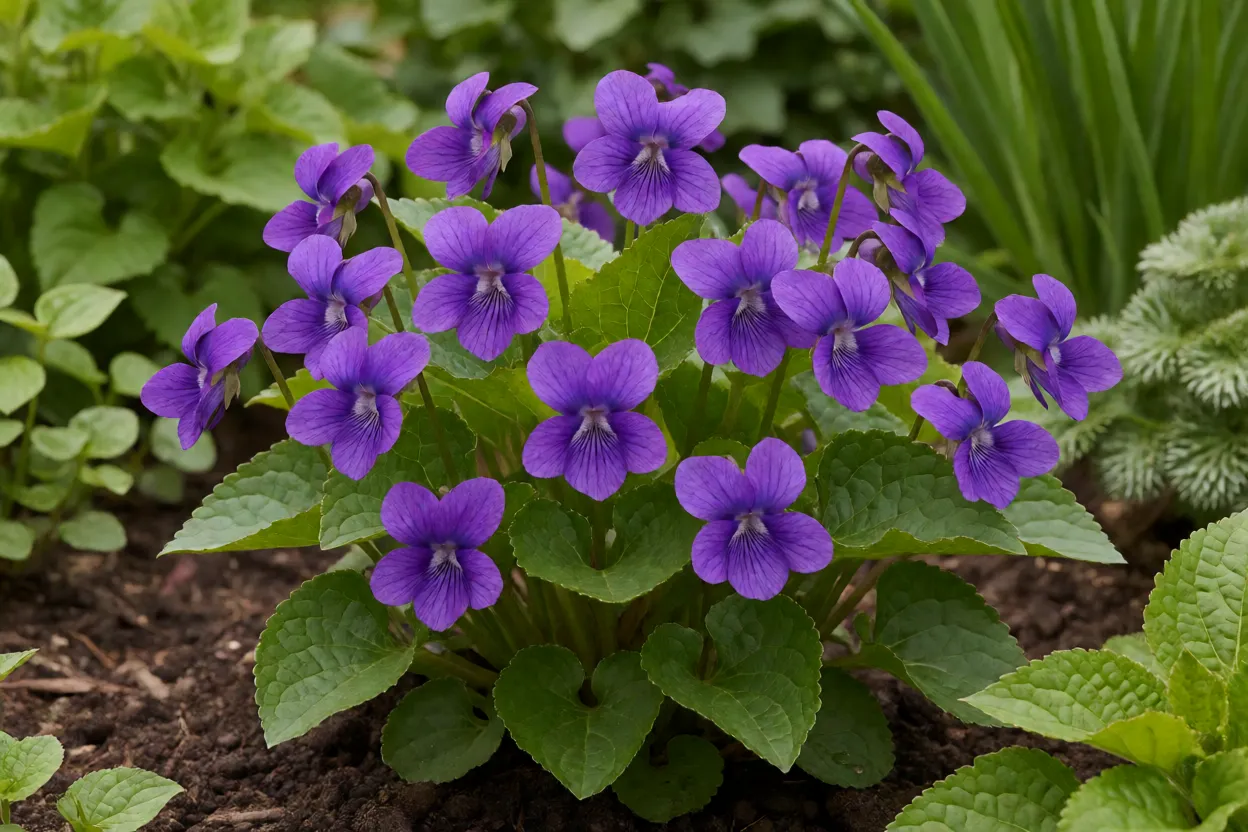 Violeta: tipos, cores, características e como cuidar das violetas floridas Violeta de jardim (Viola odorata) com flores roxas entre folhas em forma de coração