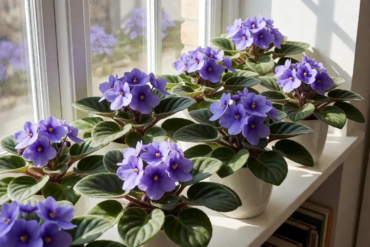 Violeta: tipos, cores, características e como cuidar das violetas floridas Coleção de violetas-africanas floridas em prateleira junto à janela