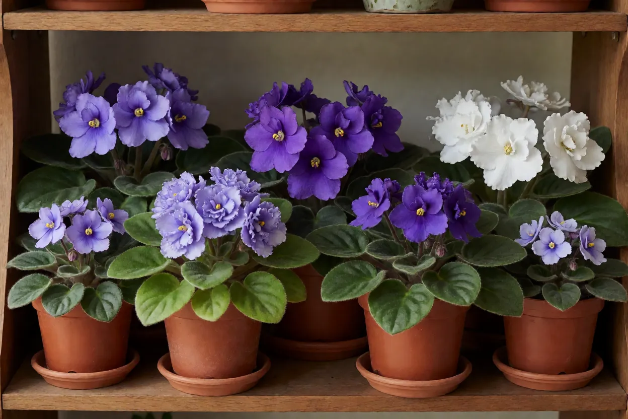 Violeta: tipos, cores, características e como cuidar das violetas floridas Diferentes tipos de violeta-africana lado a lado, com flores simples, dobradas e franjadas