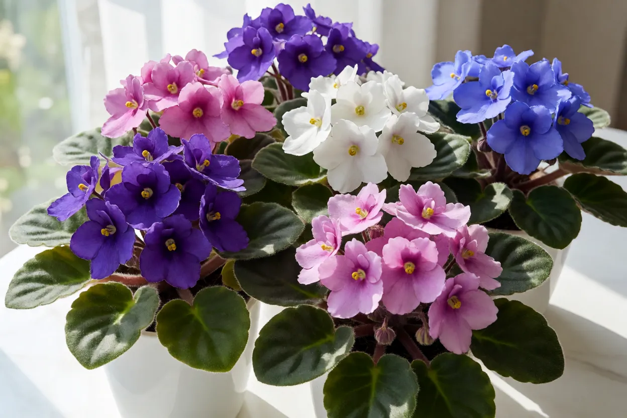 Violeta: tipos, cores, características e como cuidar das violetas floridas Violetas-africanas em roxo, rosa, branco e azul reunidas em uma bancada