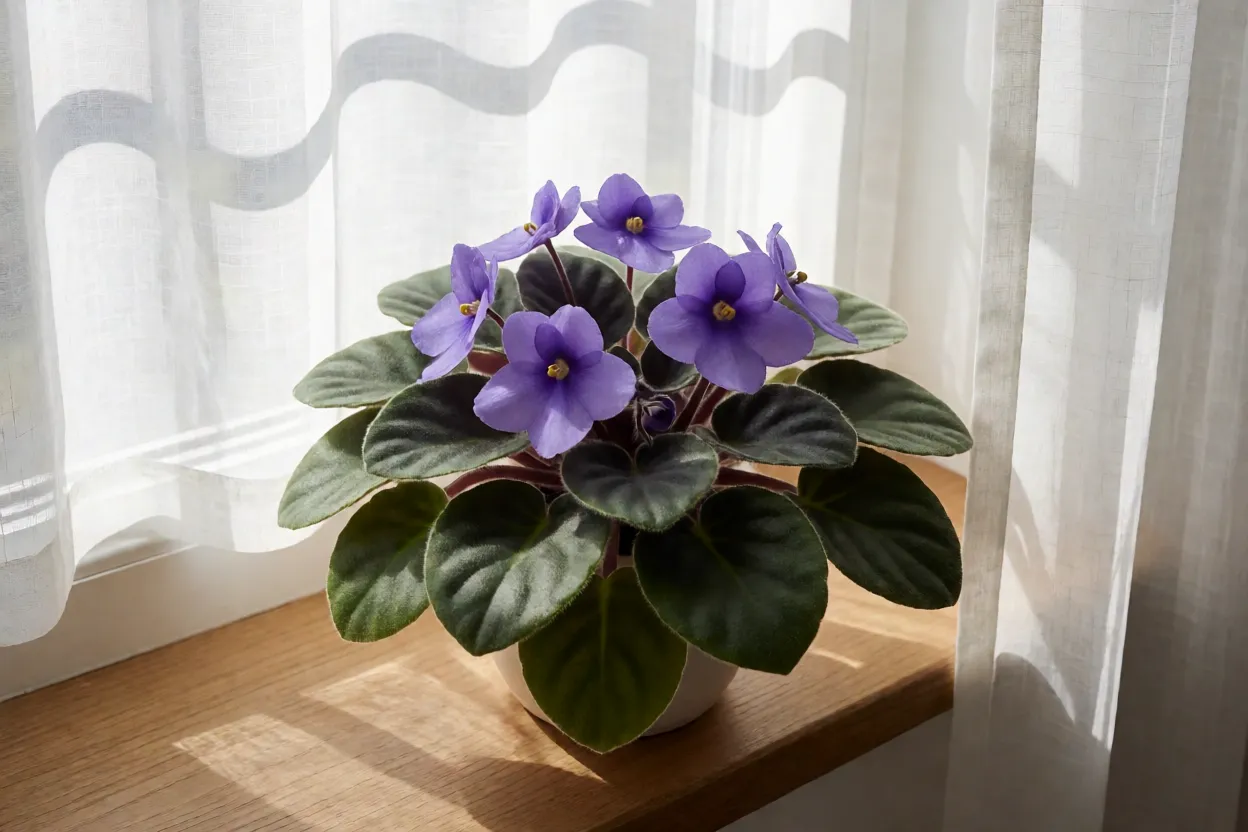 Violeta: tipos, cores, características e como cuidar das violetas floridas Violeta-africana em janela com luz suave filtrada por cortina branca