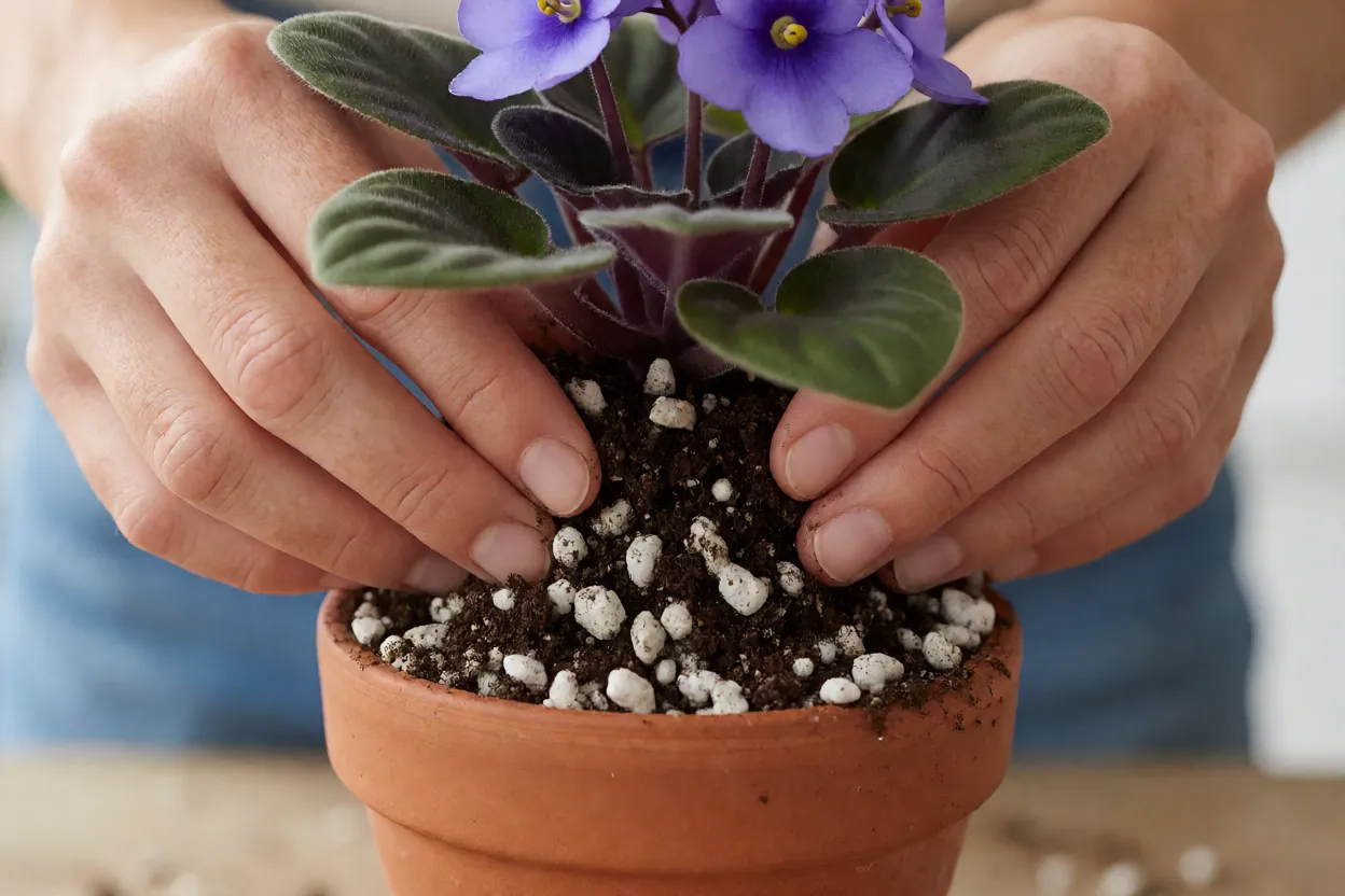 Violeta: tipos, cores, características e como cuidar das violetas floridas Violeta-africana sendo replantada em vaso pequeno com substrato leve e perlita