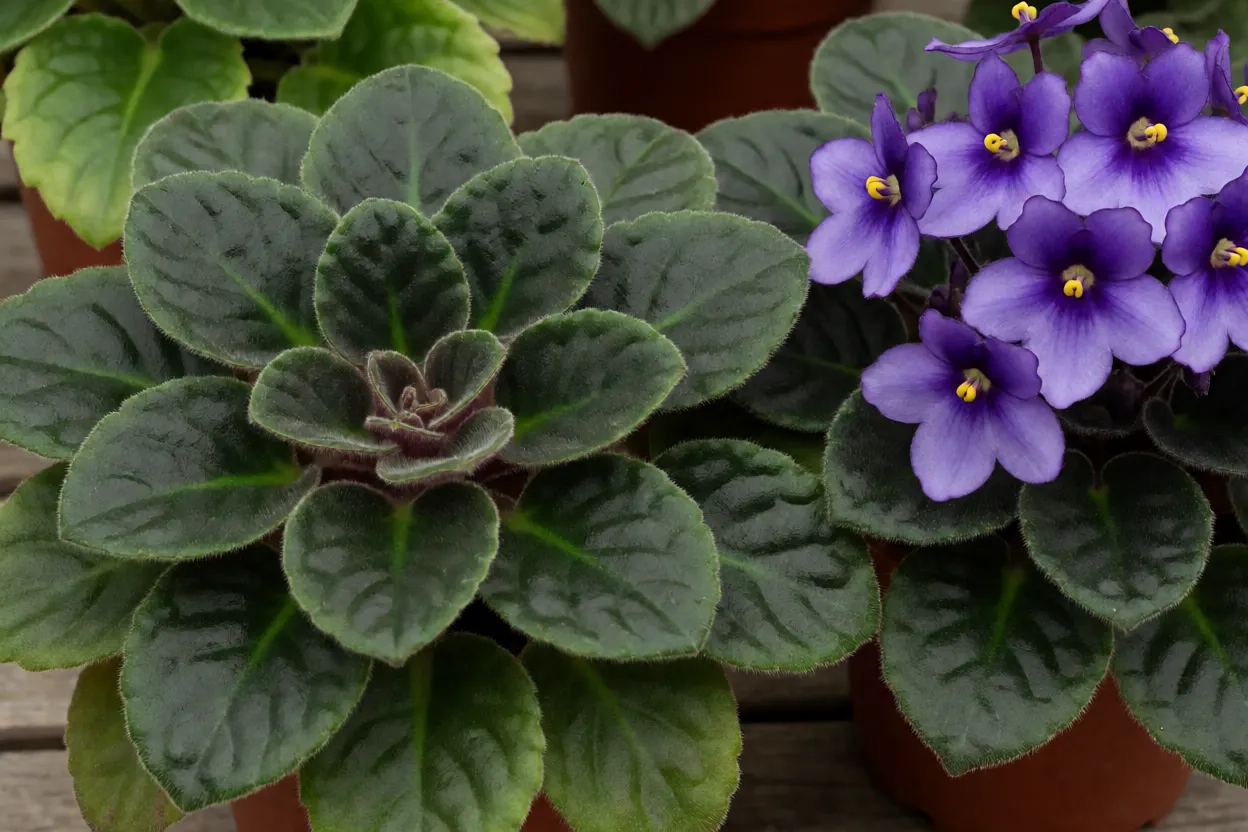 Violeta: tipos, cores, características e como cuidar das violetas floridas Violeta-africana sem flores, com folhas verde-escuras e roseta esticada