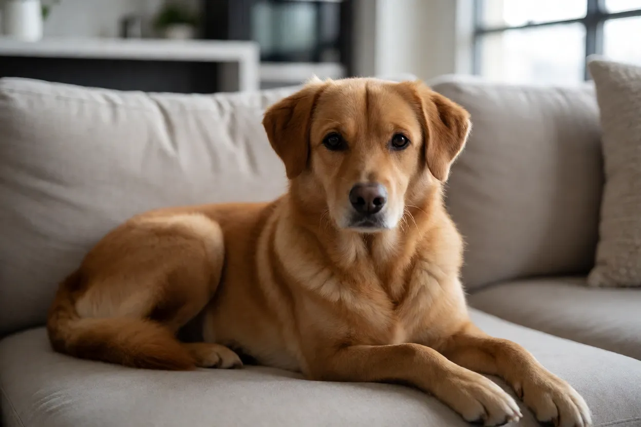 Vira-lata caramelo descansando confortavelmente em sof&aacute; de apartamento