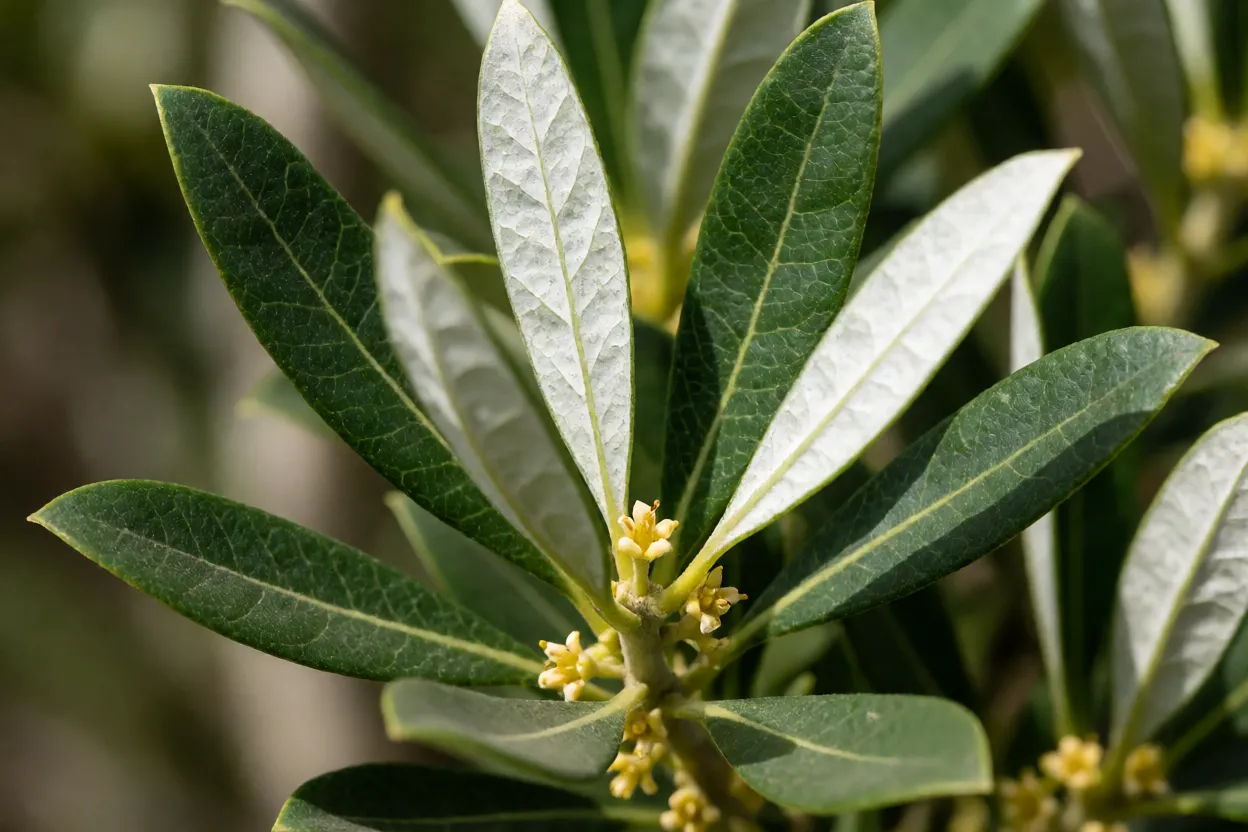 Folhas e flores de virola com face inferior esbranquiçada
