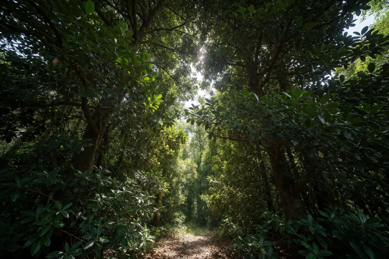 Copa densa de virola vista de baixo com luz filtrada