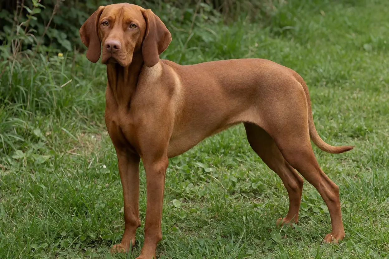 Vizsla adulto de pelagem ferrugem-dourada em pé na grama, vista de três quartos