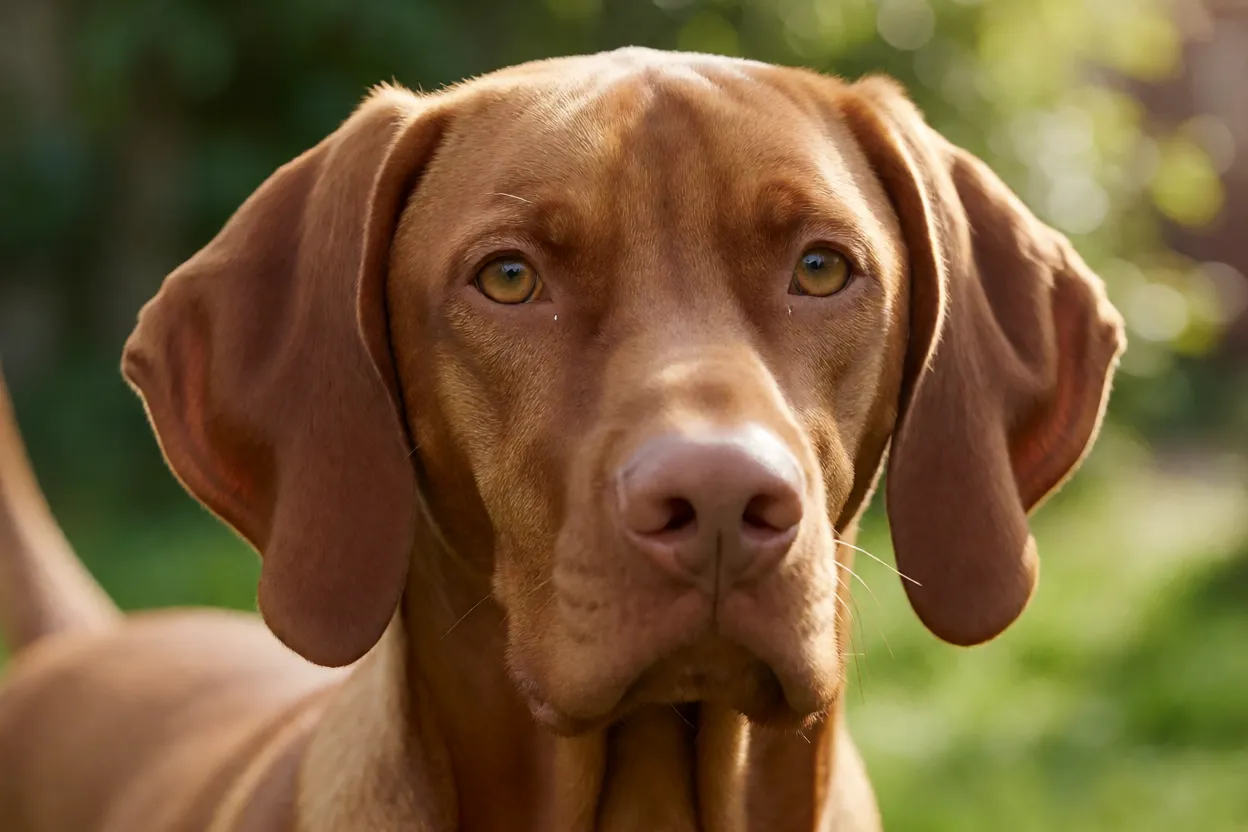 Retrato em close do rosto de um Vizsla com olhos âmbar e orelhas caídas