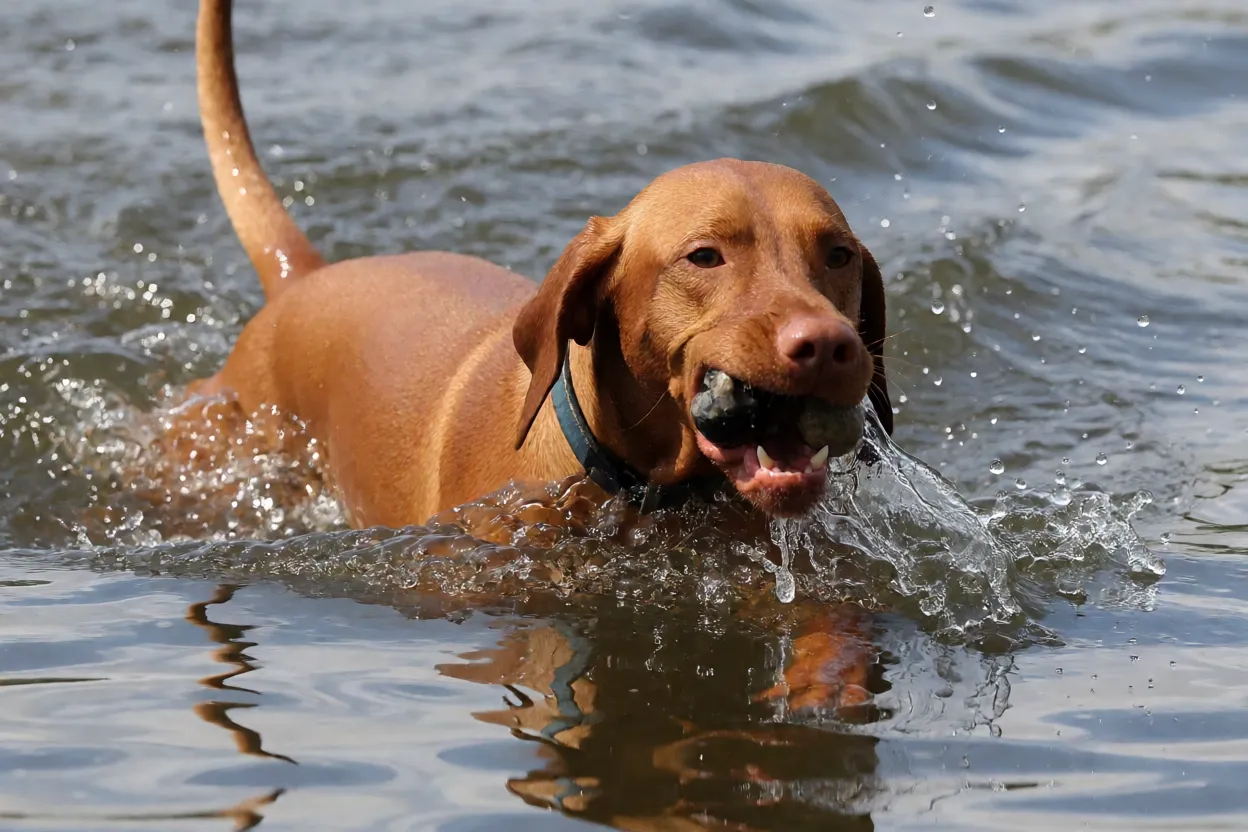 Vizsla nadando em lago buscando objeto na água