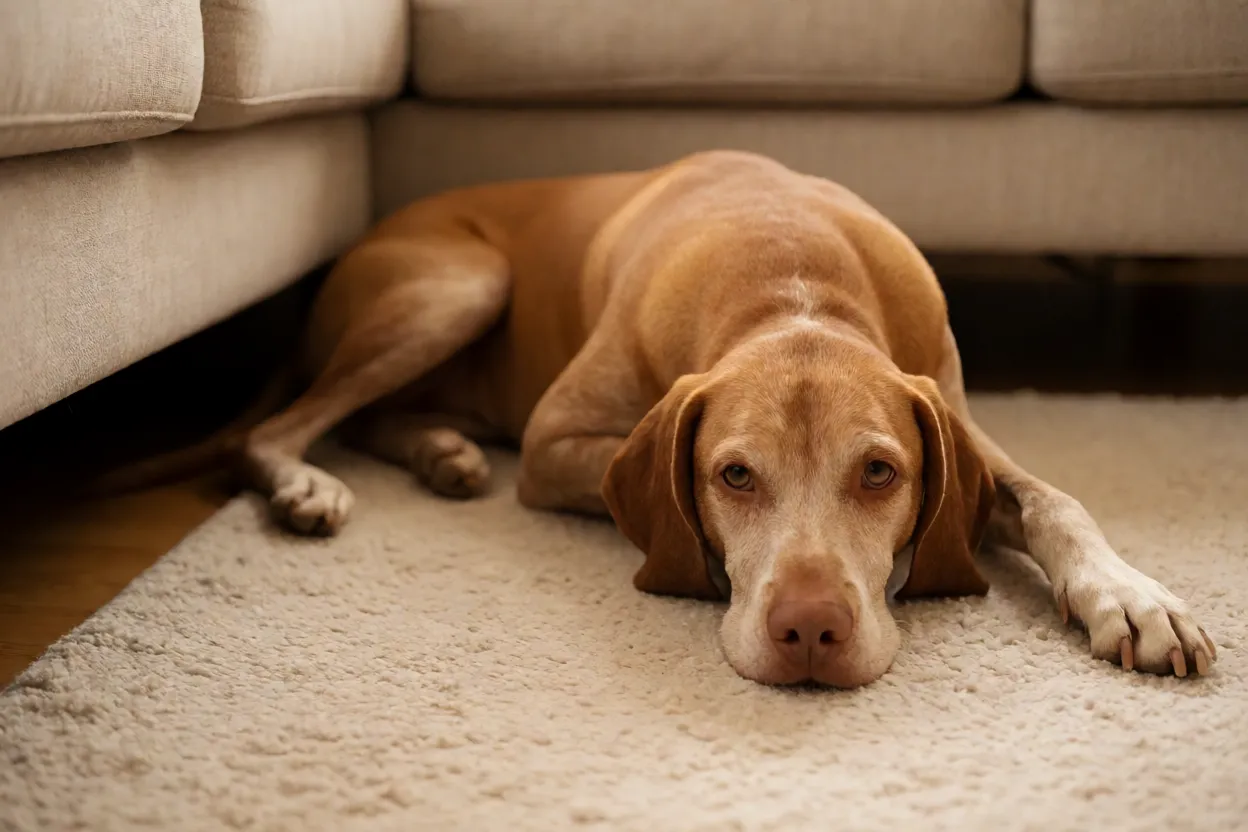 Vizsla relaxando dentro de casa sobre tapete perto do sofá