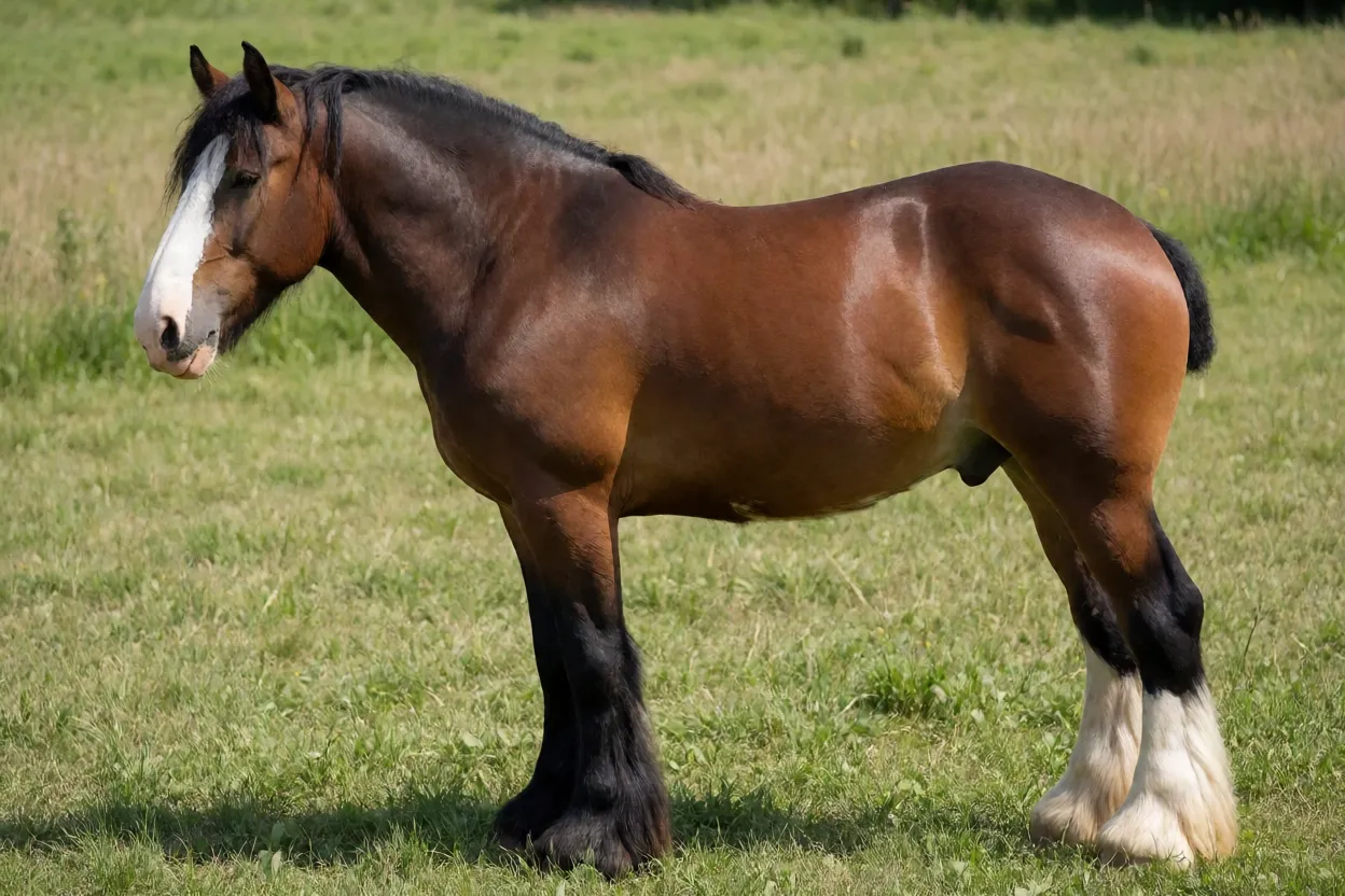 Cavalo Vladimir adulto de corpo inteiro visto de lado no pasto