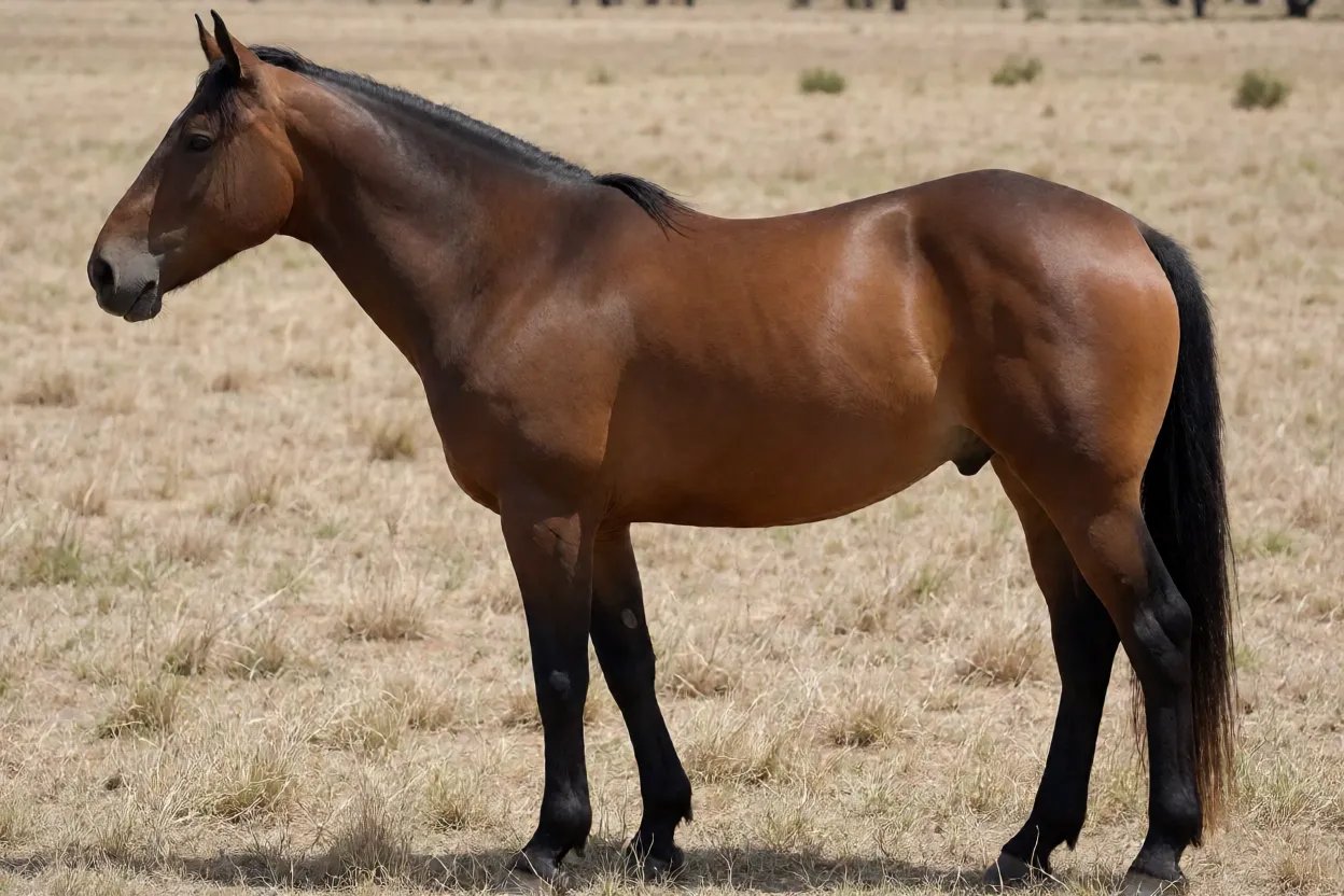 Cavalo Waler adulto de pelagem castanha em vista lateral na pastagem