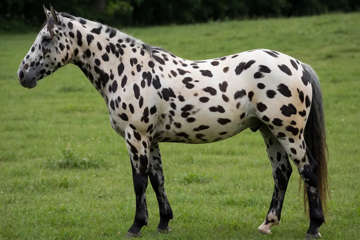 Cavalo Walkaloosa adulto de pelagem manto branco pintado em vista lateral na pastagem