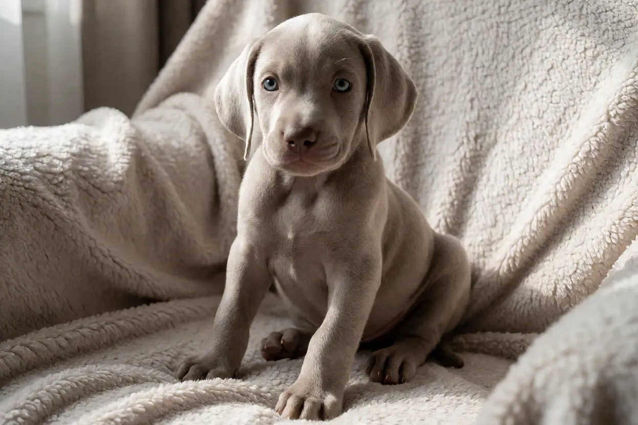 Filhote de Weimaraner cinza-prateado sentado com olhos azul-acinzentados