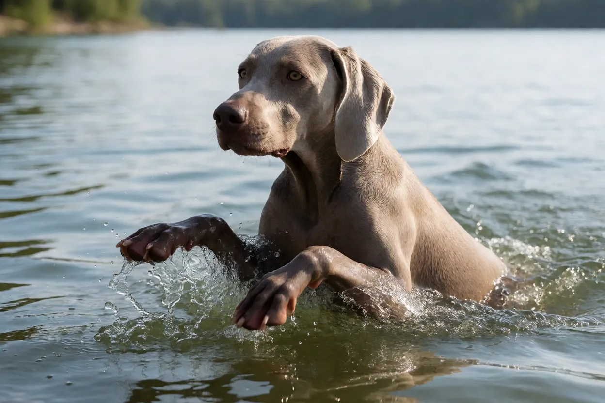 Weimaraner nadando em lago com patas com membranas