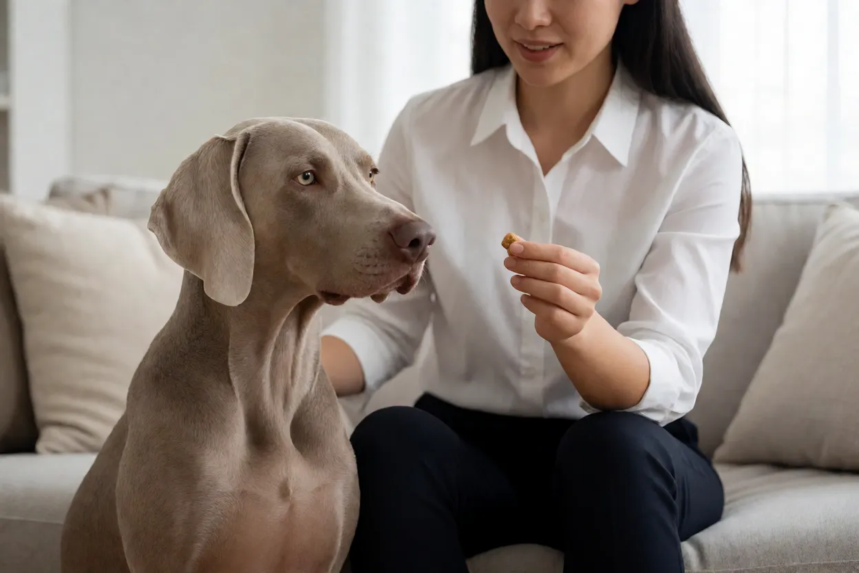 Weimaraner sendo orientado durante rotina de manejo