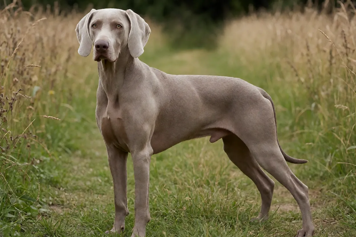 Weimaraner mostrando porte e estrutura atl&eacute;tica