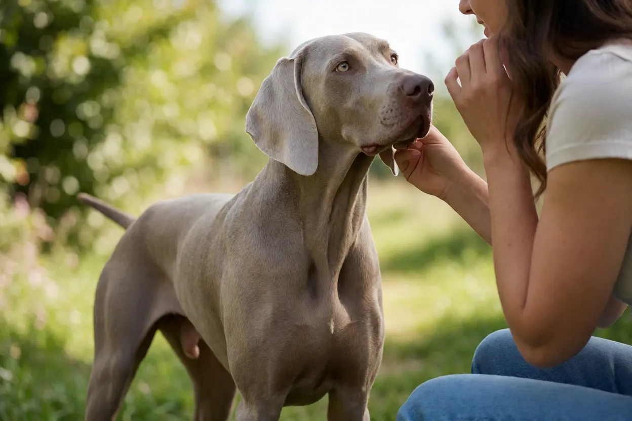 Weimaraner pr&oacute;ximo ao tutor demonstrando comportamento atento