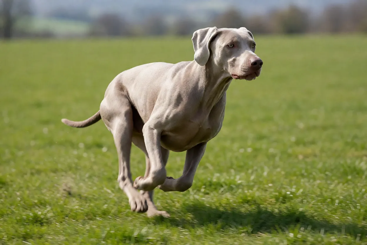 Weimaraner correndo em &aacute;rea aberta