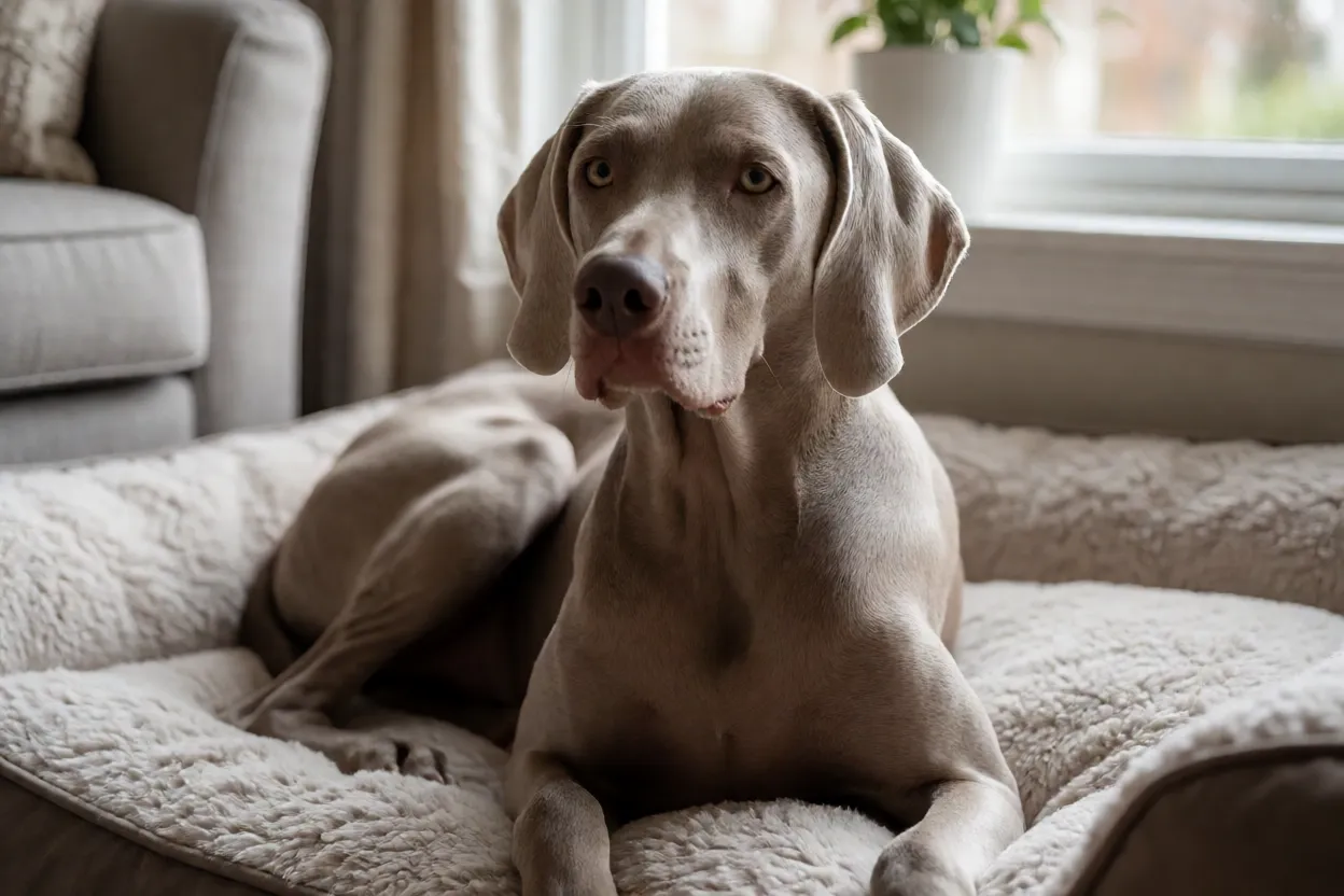 Weimaraner descansando tranquilamente em casa
