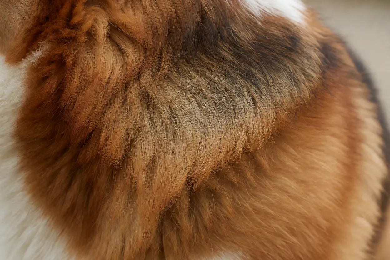 Detalhe da pelagem dupla do Welsh Corgi Pembroke em variações vermelho, areia e tricolor