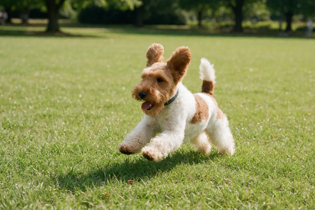 Welsh Terrier correndo em parque gramado em dia de sol