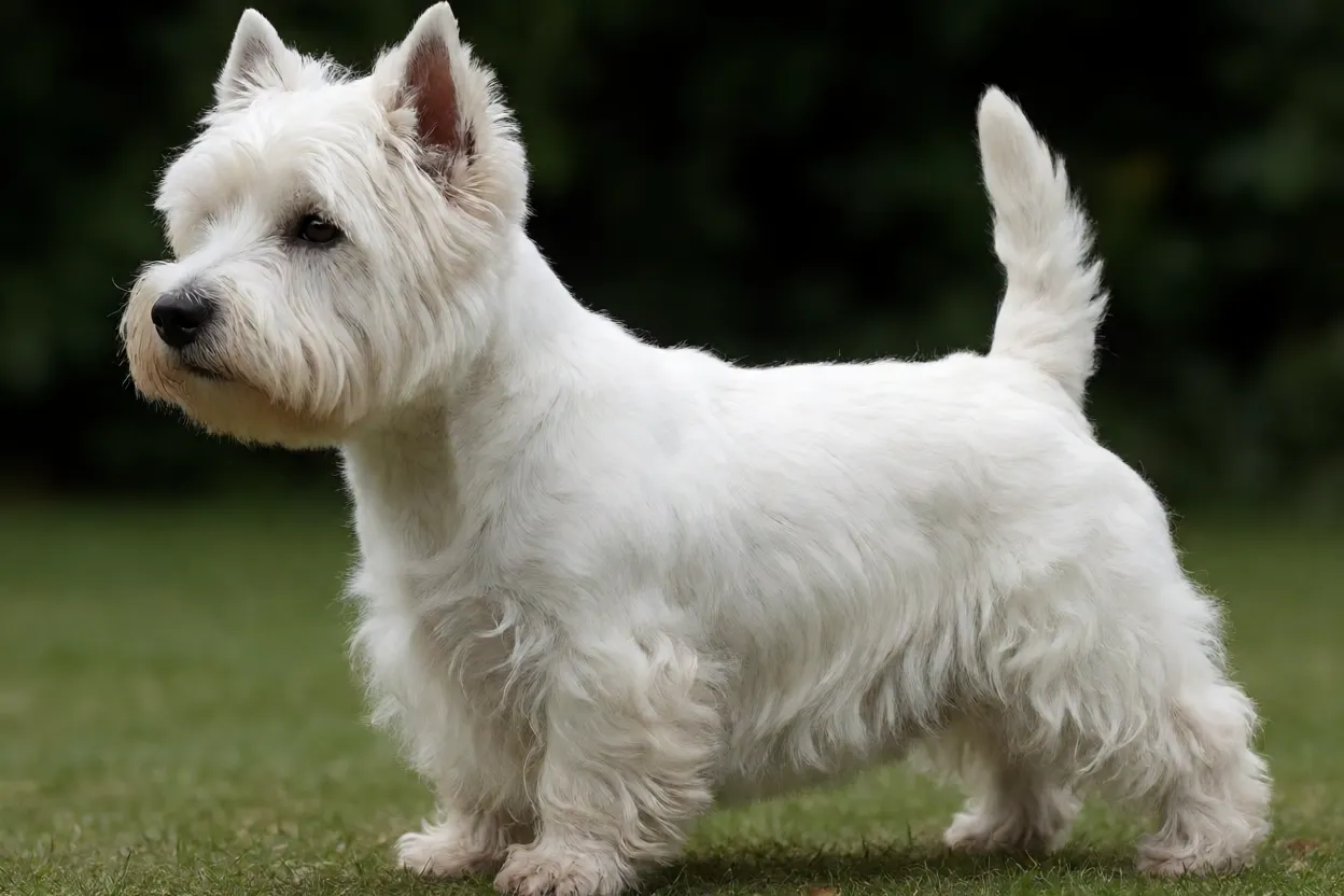 West Highland White Terrier branco de perfil em ambiente natural