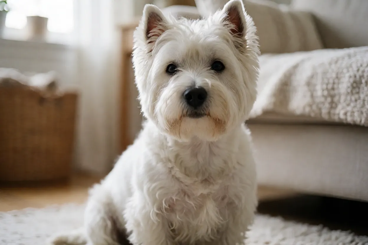 Westie em ambiente dom&eacute;stico confort&aacute;vel