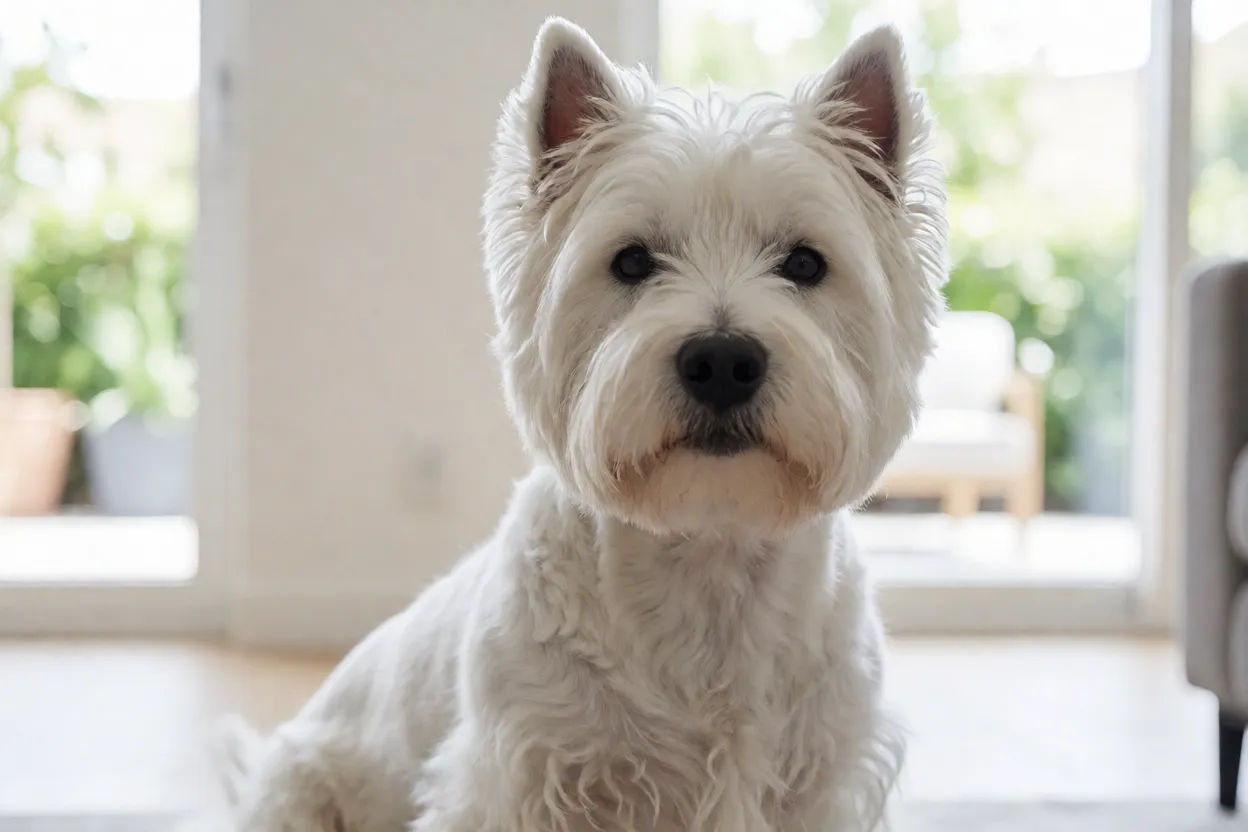 Westie adulto branco com express&atilde;o confiante