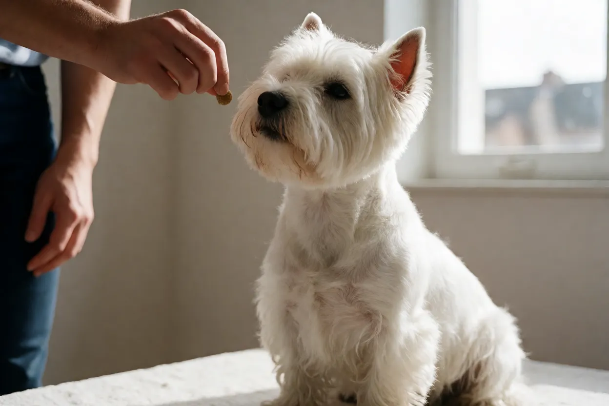 Westie em sess&atilde;o de adestramento com petisco