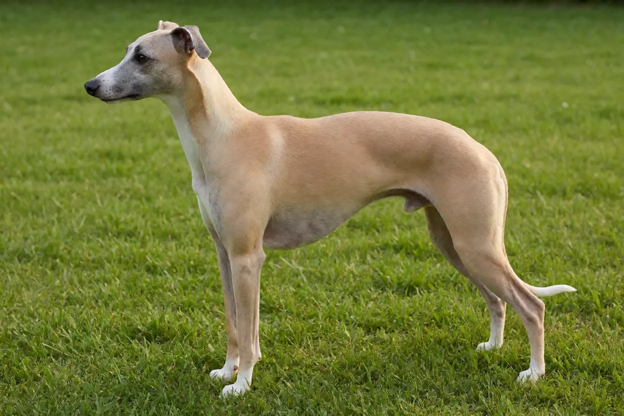 Whippet fulvo em p&eacute;, de perfil, em gramado ao amanhecer