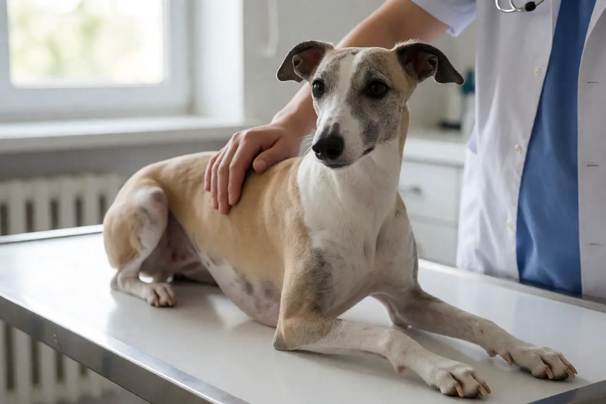 Whippet em consulta veterin&aacute;ria antes de procedimento