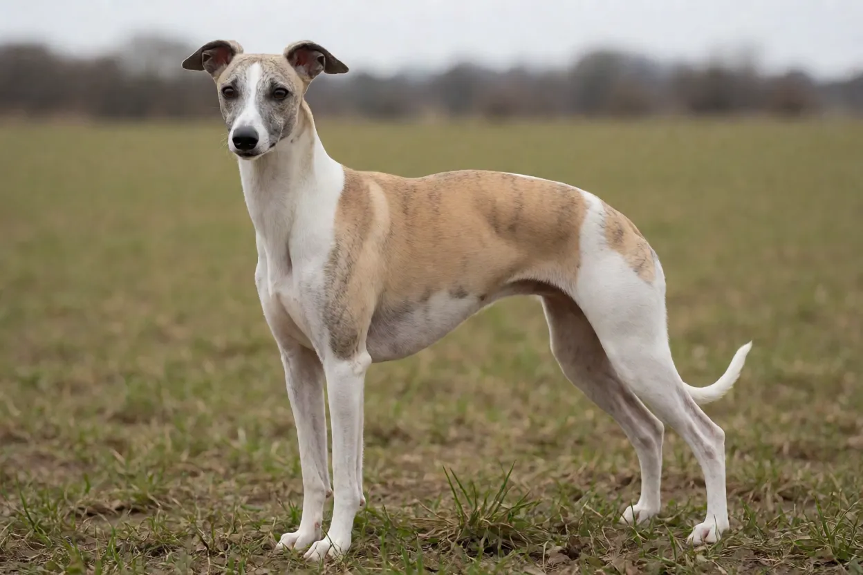 Whippet musculoso em p&eacute; em campo aberto