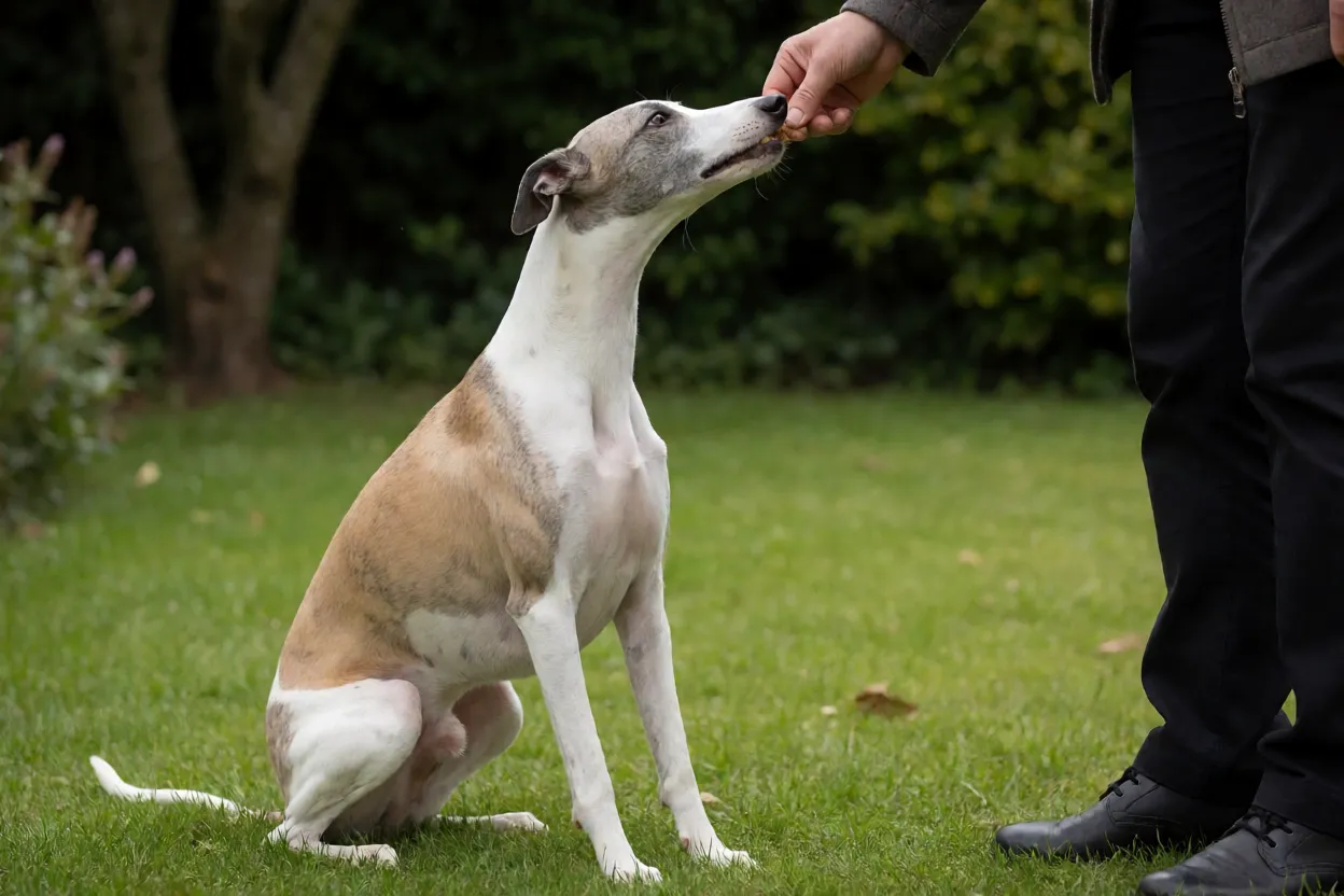 Whippet recebendo petisco durante treino de comandos