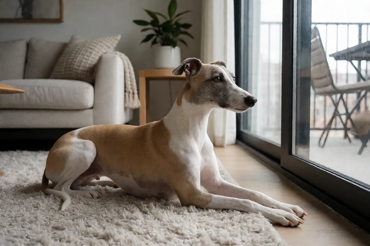 Whippet relaxando em sala de apartamento